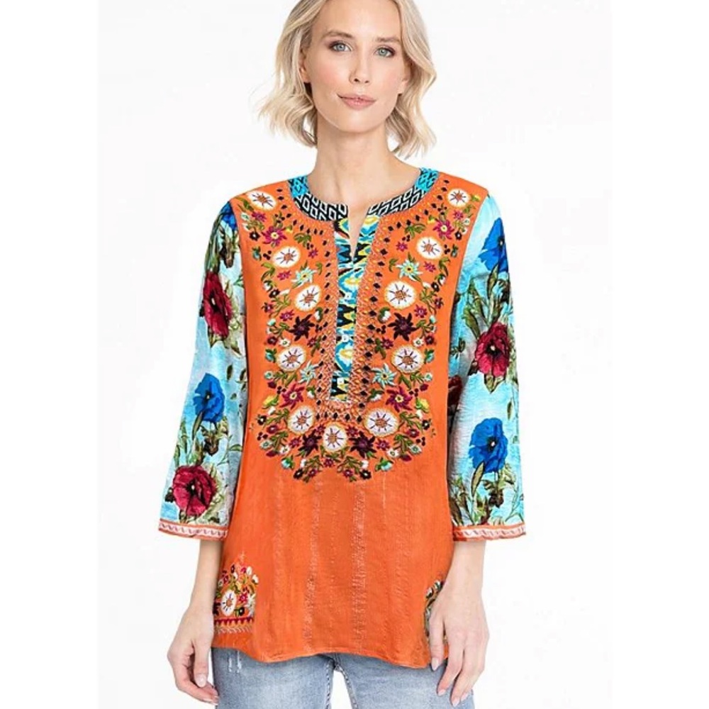 John Mark
3/4 Sleeve Multi Print Embroidered Banded Collar Y-Neck Top